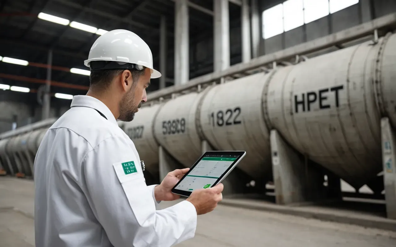 A technician in a clean white uniform checking a digital tablet near the base of large concrete hoppers, with focus on the screen showing data points and green status indicators.