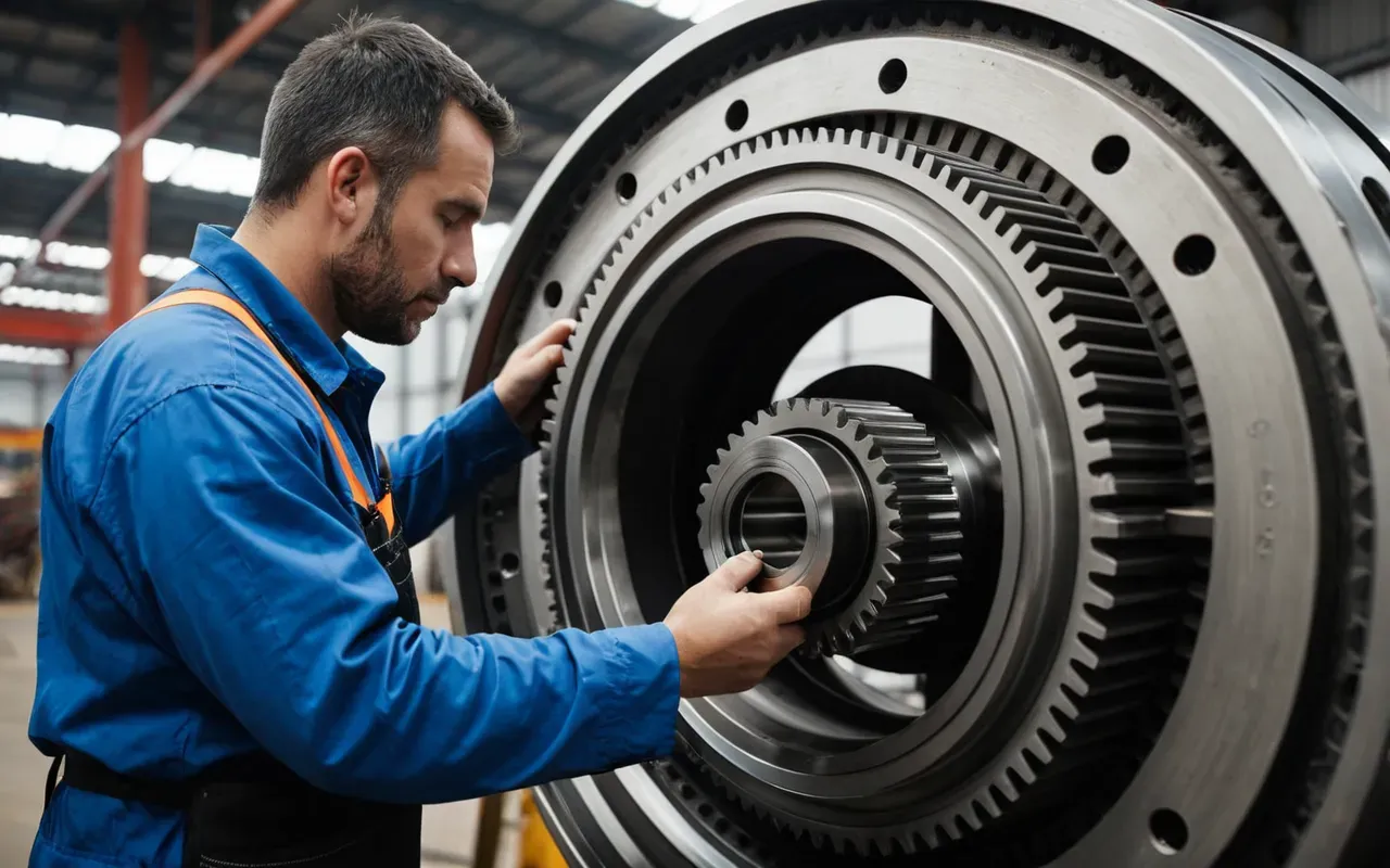industrial maintenance inspection scene A technician inspecting large industrial gears and belts inside a machinery housing. Bright work lights illuminate the metal components while safety gear is visible in the foreground.