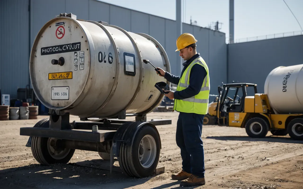 A technician using a handheld diagnostic tool near the base of a concrete mixer drum in an outdoor industrial yard with clear skies and organized equipment layout