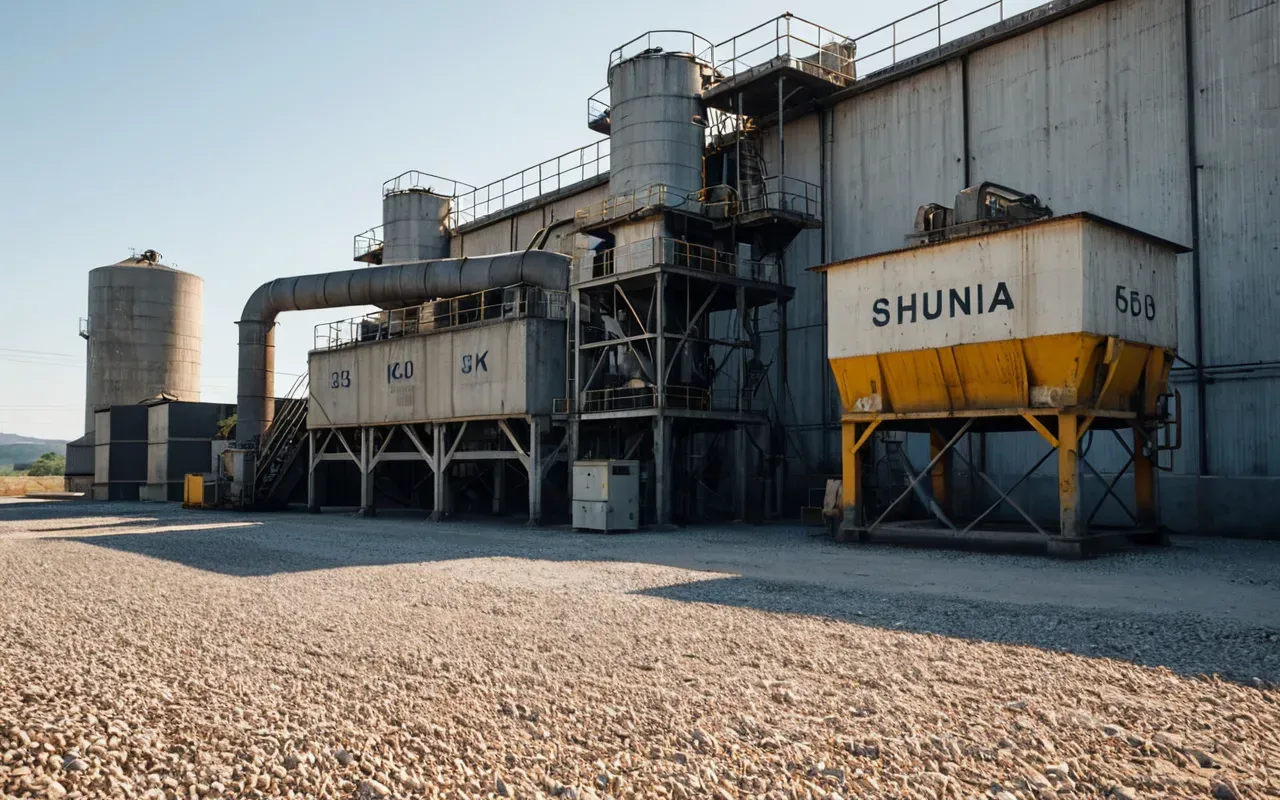 used concrete batch plant A weathered but clean concrete batching plant situated on a gravel lot under bright daylight. The machinery shows signs of age with minor rust spots but remains structurally sound and ready for operation.