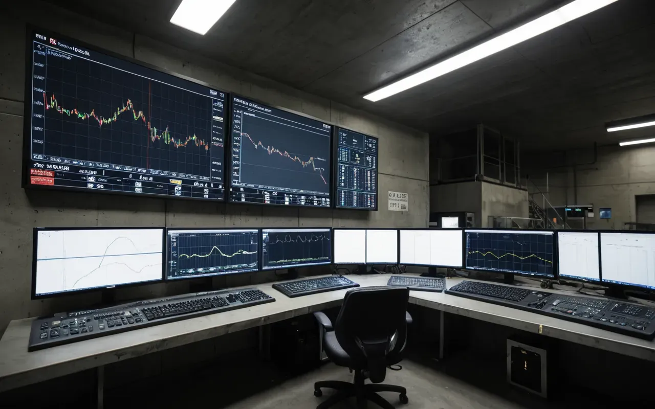 A wide angle shot inside a clean concrete batch plant control room showing two large monitors displaying real-time production graphs and material usage metrics with soft blue lighting reflecting off the polished floor.