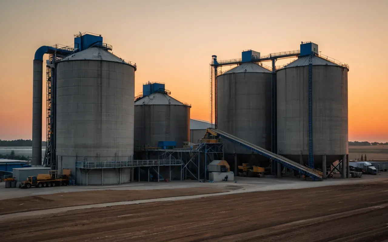 concrete batching plant facility A wide-angle shot of a massive concrete batching plant facility at dawn. Two large silos and mixing units stand prominently against a soft orange sky. Heavy machinery surrounds the area with no visible text or people.