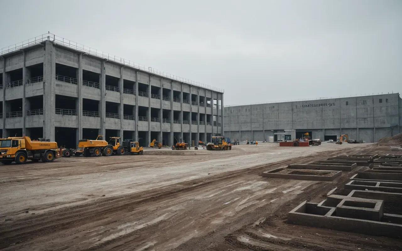 A wide-angle shot of a modern industrial construction site with heavy machinery and large concrete structures under an overcast sky.