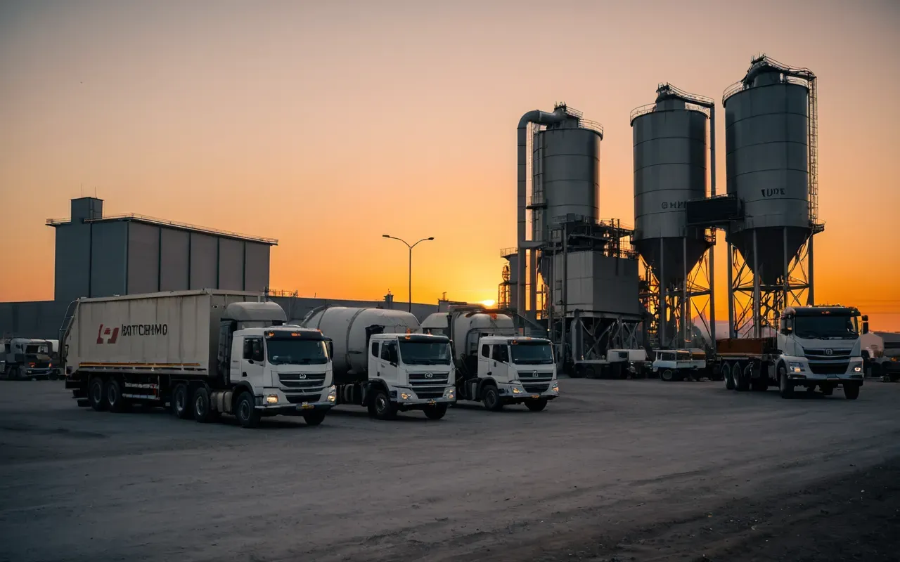A wide shot of a modern concrete batching plant at sunset with orange sky reflecting off the metal surfaces and parked trucks in the foreground.