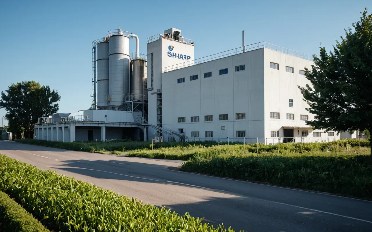 A wide shot of a modern concrete batching plant exterior with clean white structures and green landscaping under a clear blue sky
