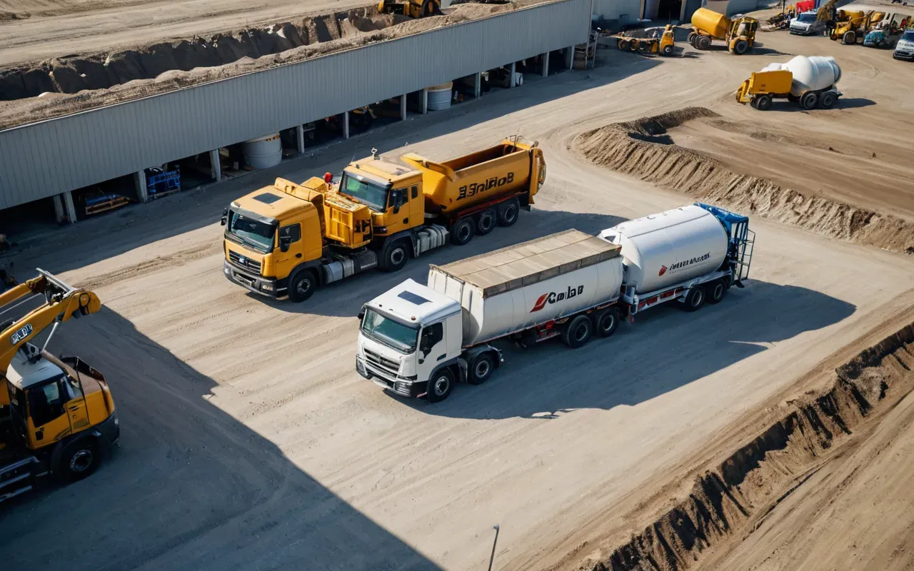 Aerial view of a construction site with several concrete mixer trucks waiting to load at a batching facility entrance during daytime work hours