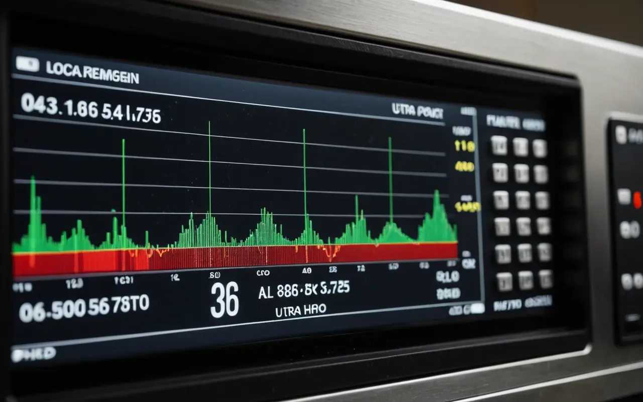 Close-up of a digital control panel screen displaying fluctuating weight graphs in green and red lines, with blurred stainless steel hoppers visible in the background under industrial lighting.
