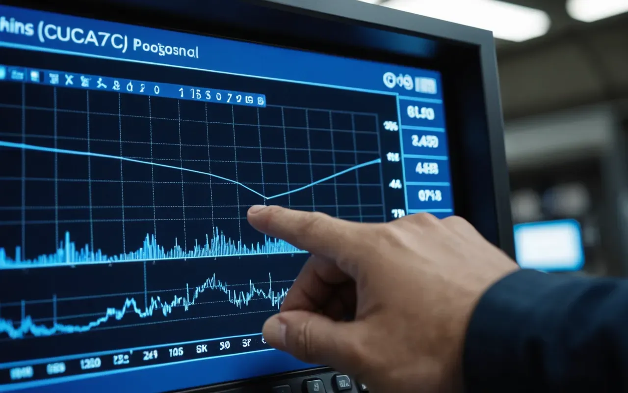 Close up of a digital control screen showing graph lines and numerical data in blue light with a technician hand pointing at the display, shallow depth of field, modern industrial setting