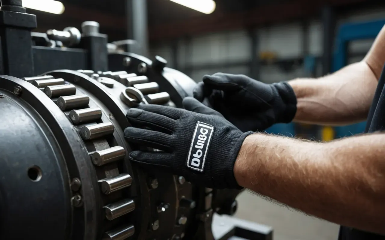 Close-up of a mechanic's gloved hands tightening bolts on a heavy-duty industrial gearbox with bright workshop lighting and shallow depth of field