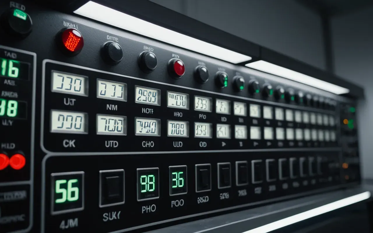 Close-up of a modern industrial control panel with digital readouts and status lights in a clean technical room under bright artificial lighting.