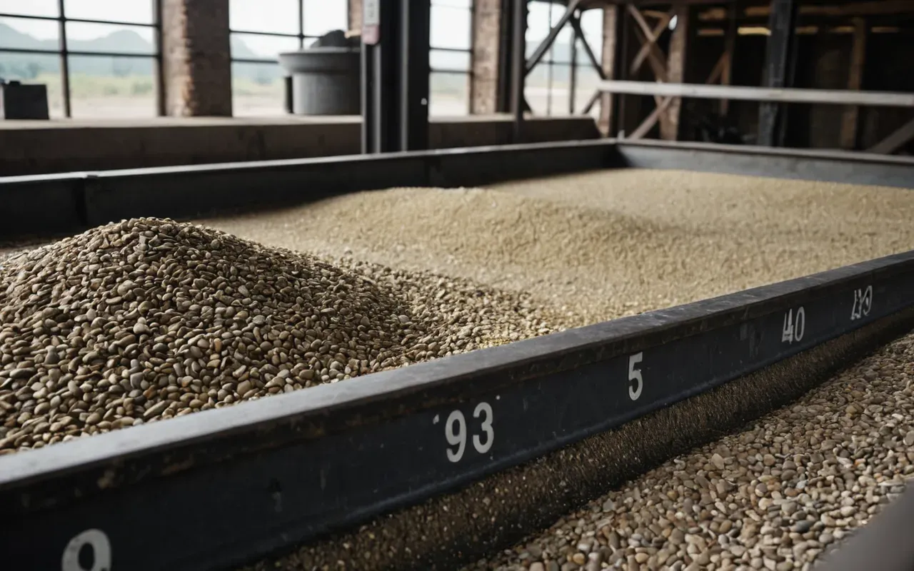 Close-up of industrial scales and aggregate hoppers filled with gravel and sand under natural daylight highlighting the texture of raw materials in a heavy equipment setting