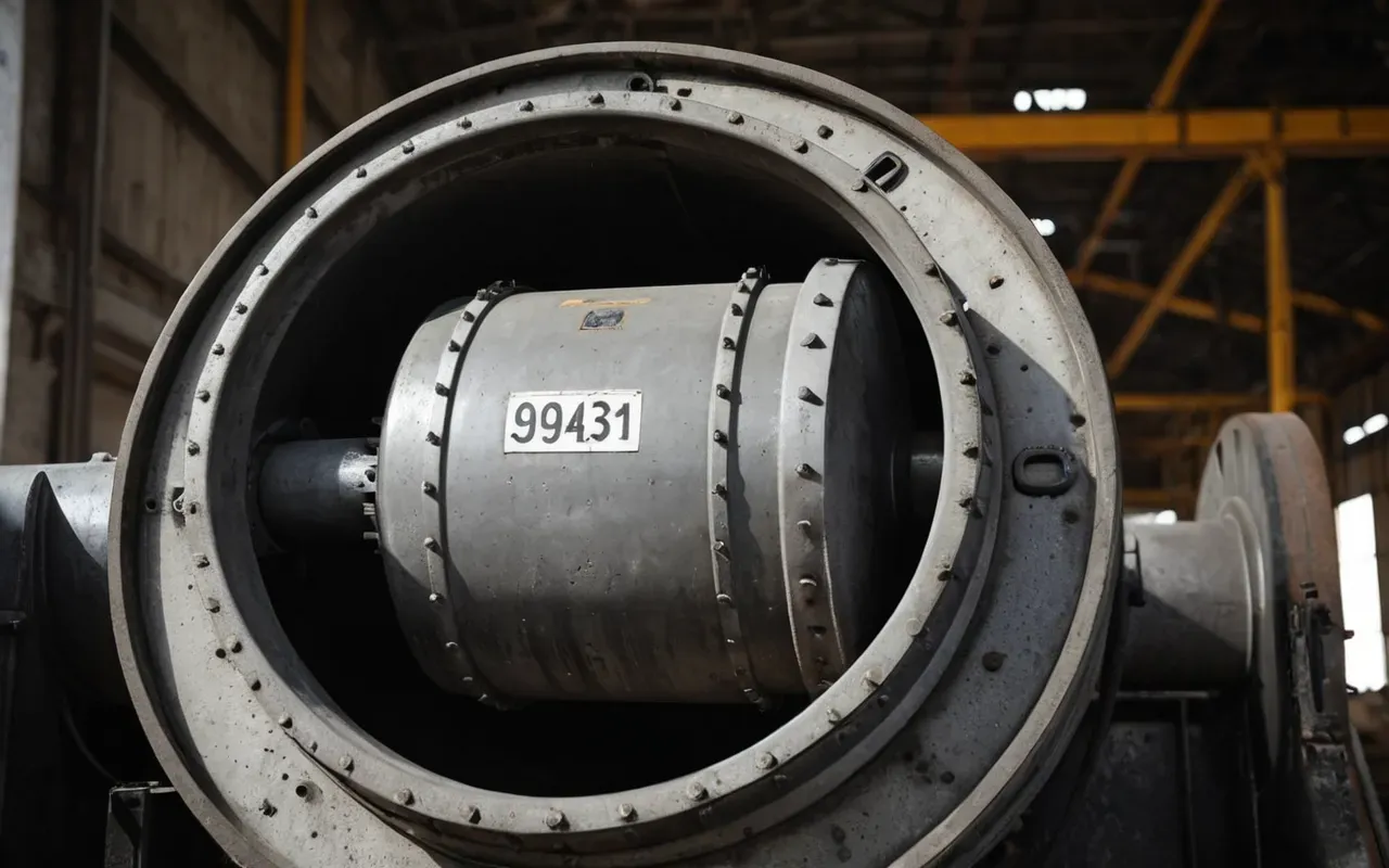 concrete mixer machinery details Close up view of a heavy duty concrete mixer drum rotating slowly. Industrial steel textures are visible with warm lighting highlighting the mechanical gears and robust structure without any text.