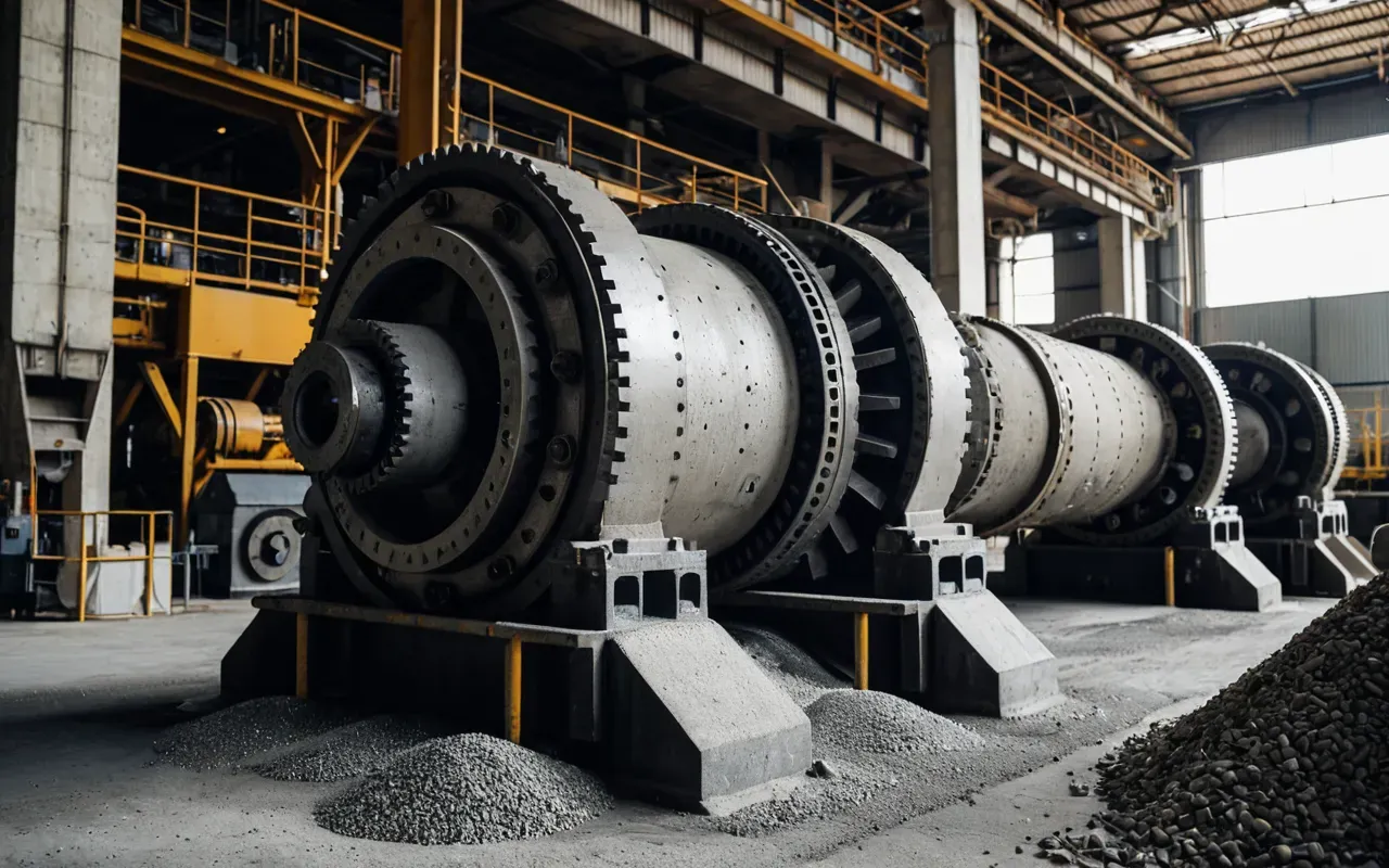 concrete batching mechanics Close up view of heavy duty mechanical gears and aggregate hoppers inside a concrete plant. The metal surfaces are clean and the machinery appears well maintained under industrial lighting.