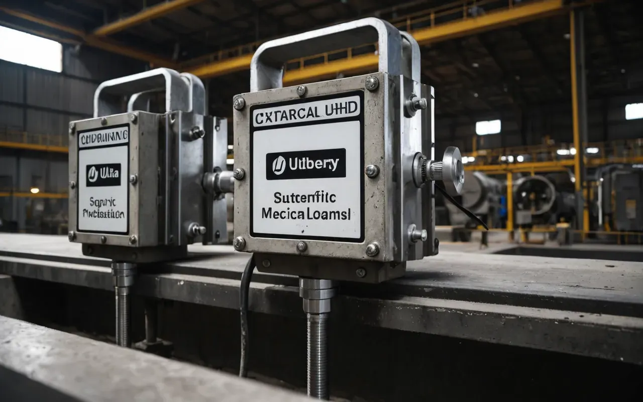 Close up view of industrial load cells and weighing mechanisms inside a concrete batching plant with metal brackets and wiring visible in harsh workshop lighting