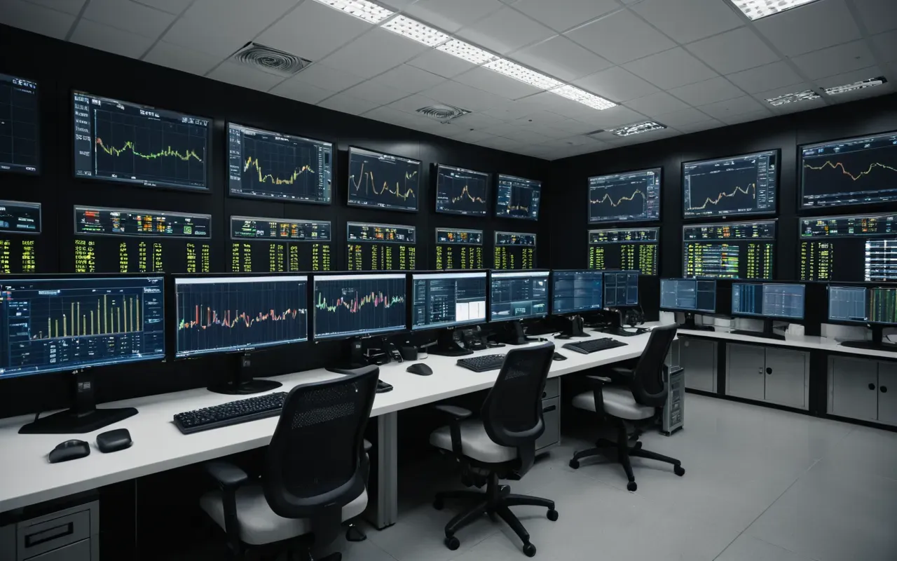 Interior view of a clean industrial control room with multiple monitors displaying real time data and charts under warm overhead lighting, ergonomic chairs and tidy desks, modern professional atmosphere