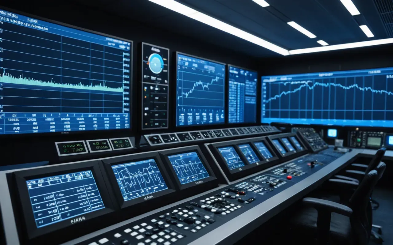 Interior view of a modern control room with large digital screens displaying data charts and industrial equipment controls under cool blue lighting.