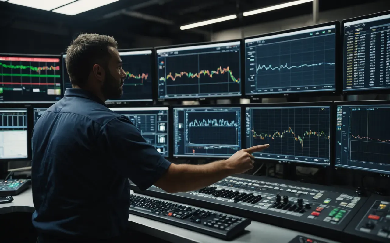 Interior view of an industrial control room with multiple monitors displaying graphical data and a technician pointing at a screen in a dimly lit environment