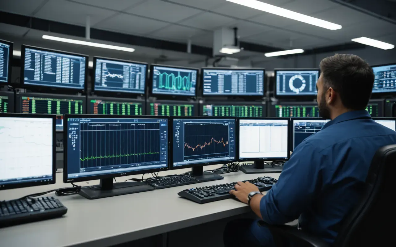 Modern control room with multiple digital screens displaying operational data and a technician monitoring the system in a clean industrial environment