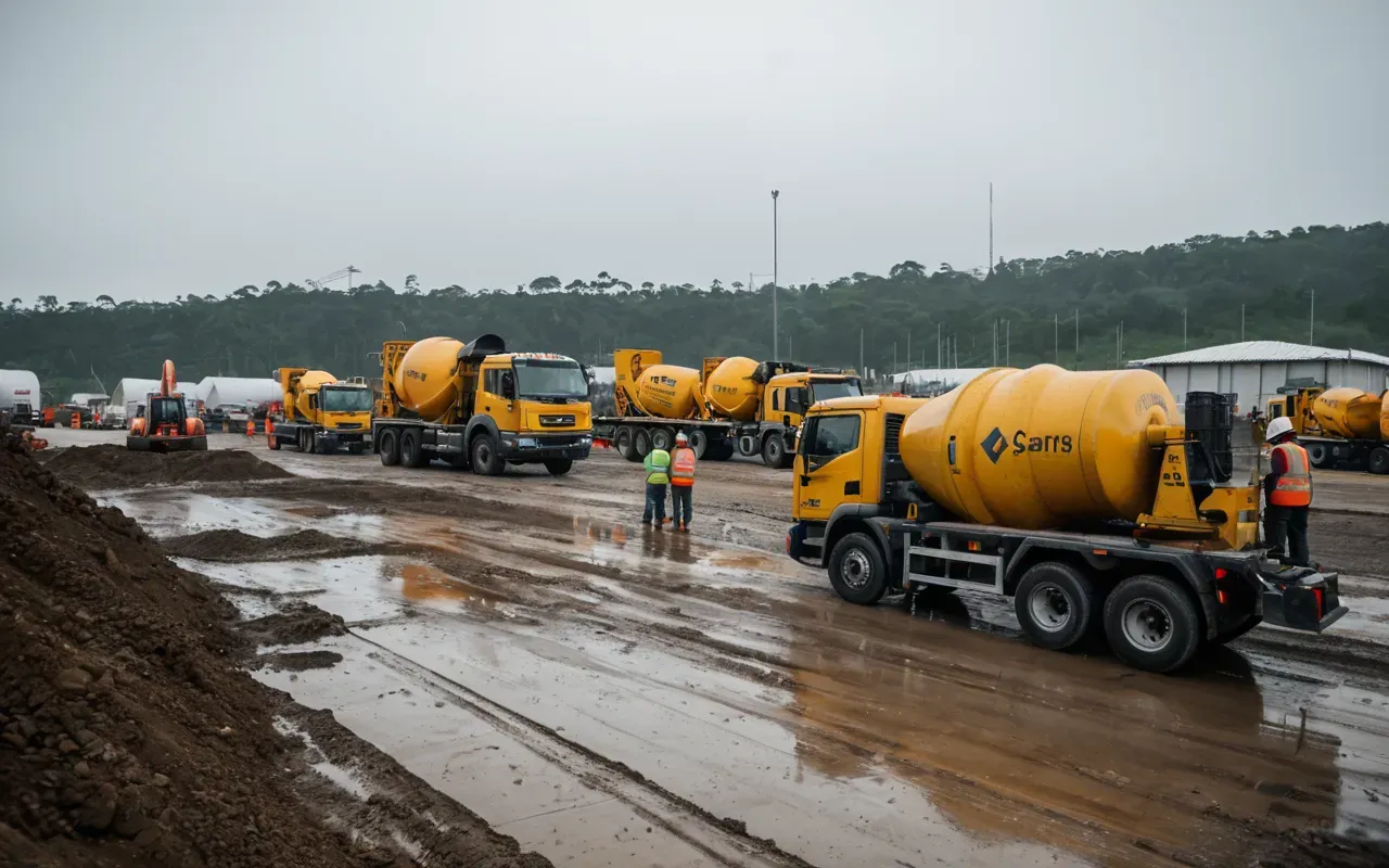 Wide angle shot of a busy construction site with multiple concrete mixer trucks and workers in high visibility vests under an overcast sky