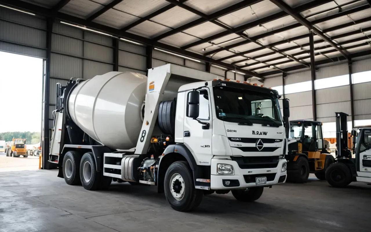 Wide angle shot of a concrete mixing truck being loaded at a plant with clean equipment and organized workspace under bright daylight, no people in frame, neutral tones and modern industrial design
