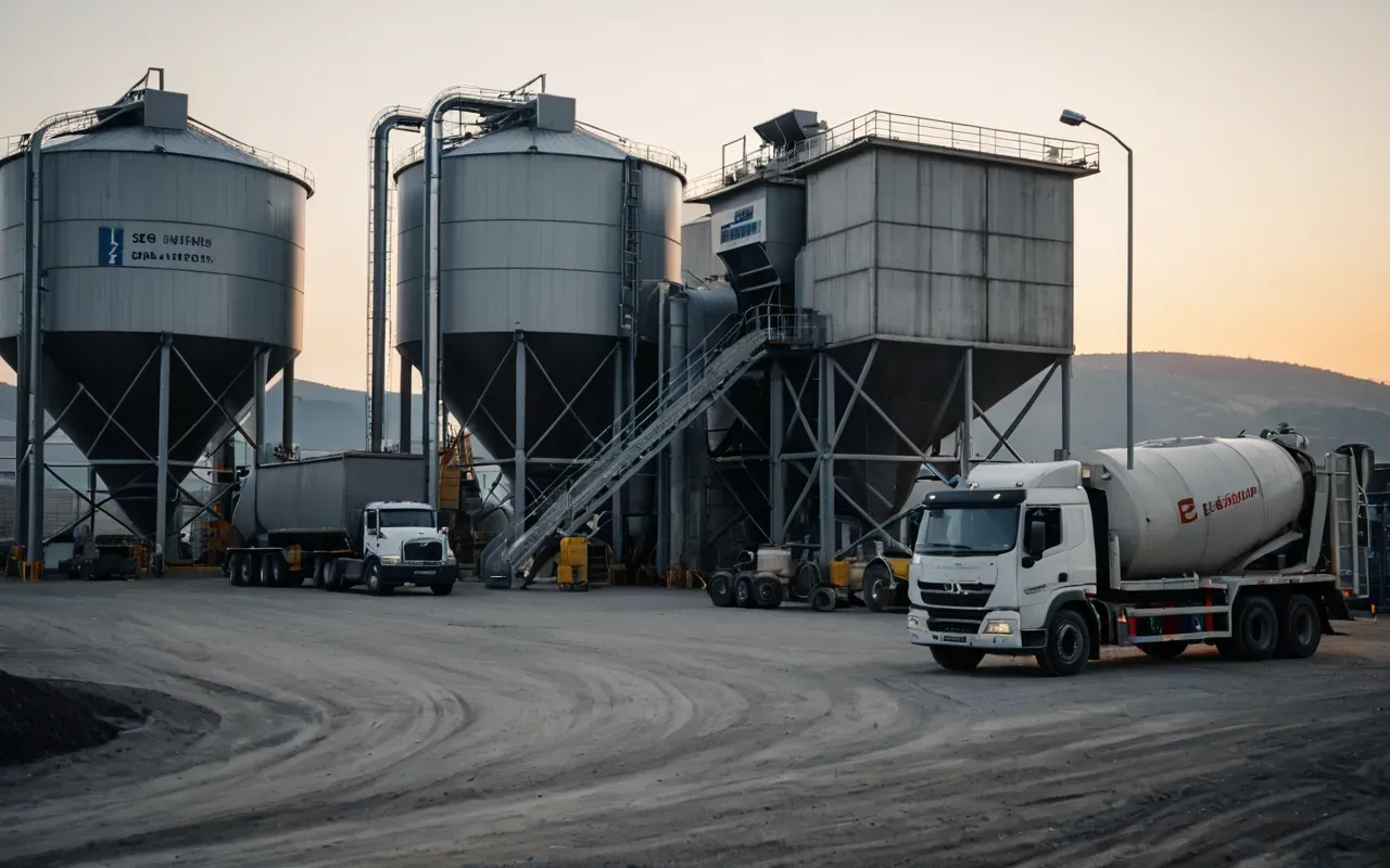 Wide shot of a modern concrete batching plant facility at dawn with large aggregate bins and a mixer truck in the foreground under soft natural light.