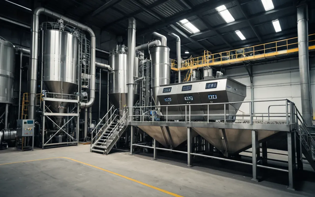 Wide shot of a modern concrete batching plant interior with clean stainless steel hoppers and digital control panels glowing in soft industrial lighting, no people visible, neutral color palette