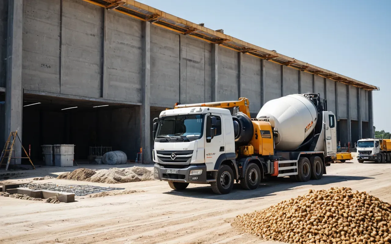 Wide shot of a modern construction site with a concrete mixer truck pouring material into formwork under bright daylight and clear sky.