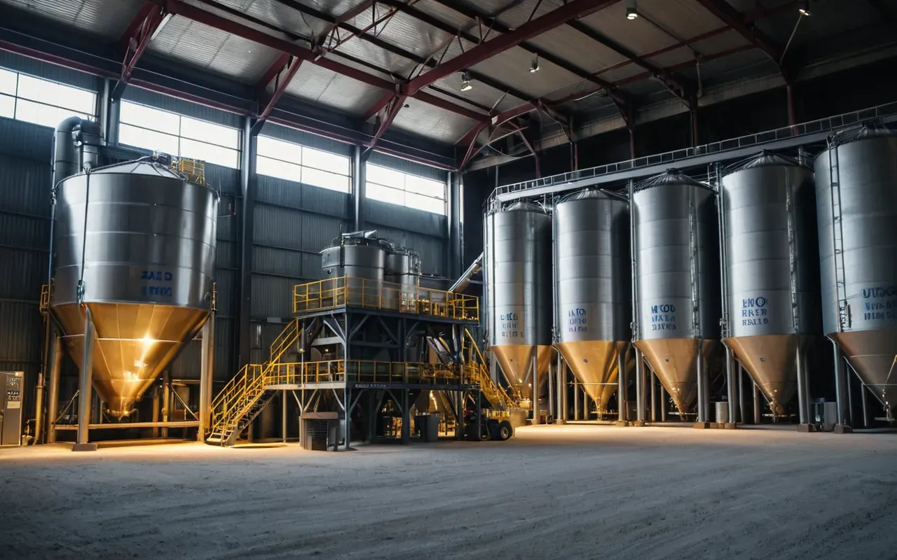 Wide shot of a modern industrial concrete batching plant interior with large steel silos and aggregate hoppers under bright LED lighting, clean editorial photography style