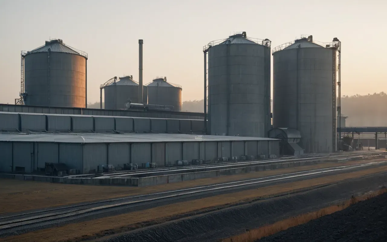 Wide shot of a modern industrial concrete batching facility at dawn with large cylindrical silos and conveyor belts visible in the misty morning light